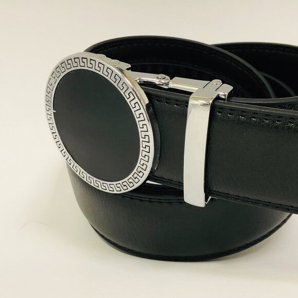 Black Leather Belt Automatic Silver Round Buckle Slide Belts No Hole Dress Jeans - Picture 2 of 3